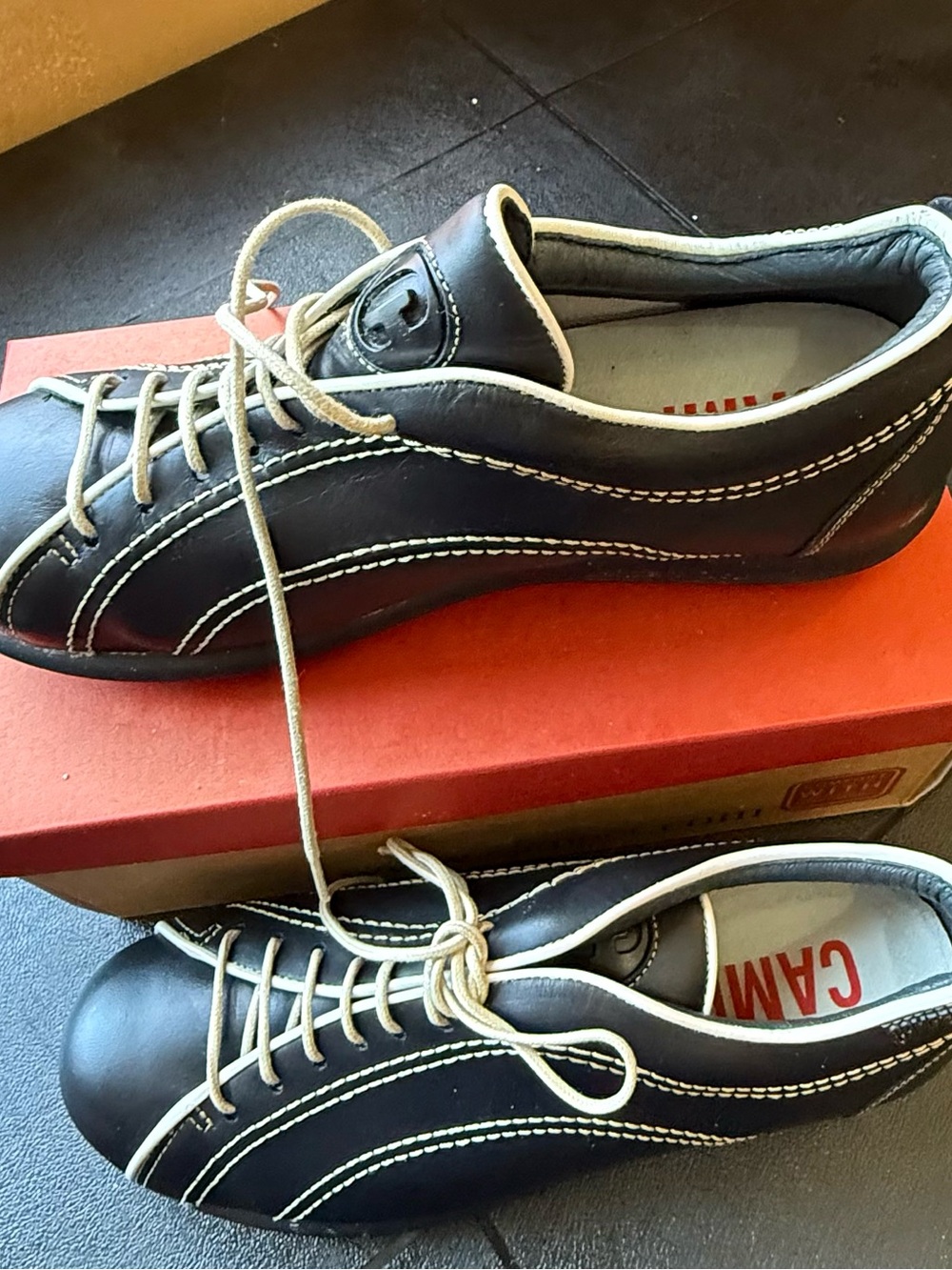 Camper Pelotas Black Leather Sneakers with Cream Stitching